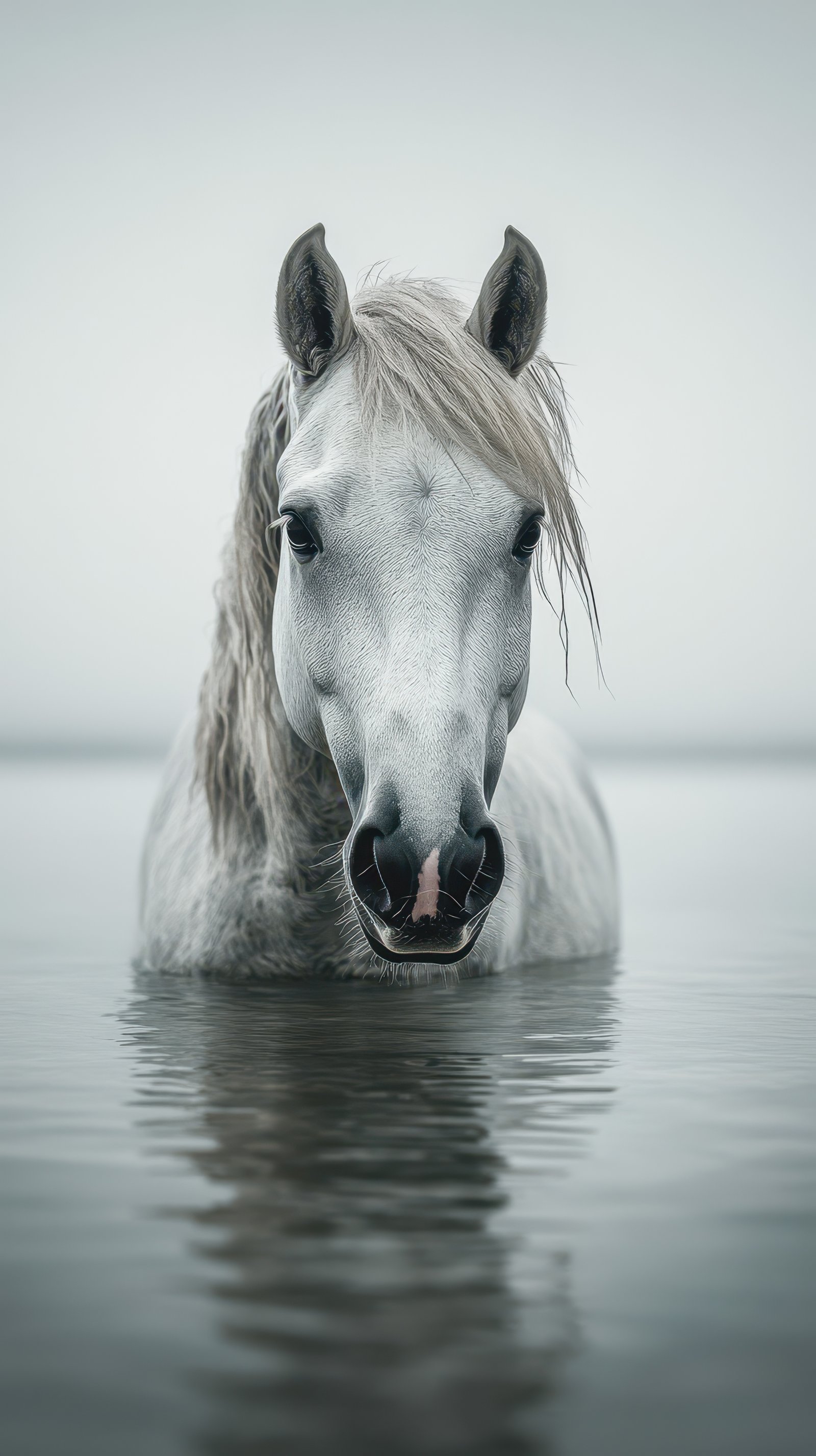 Majestic white horse emerges from tranquil water on a calm overcast day